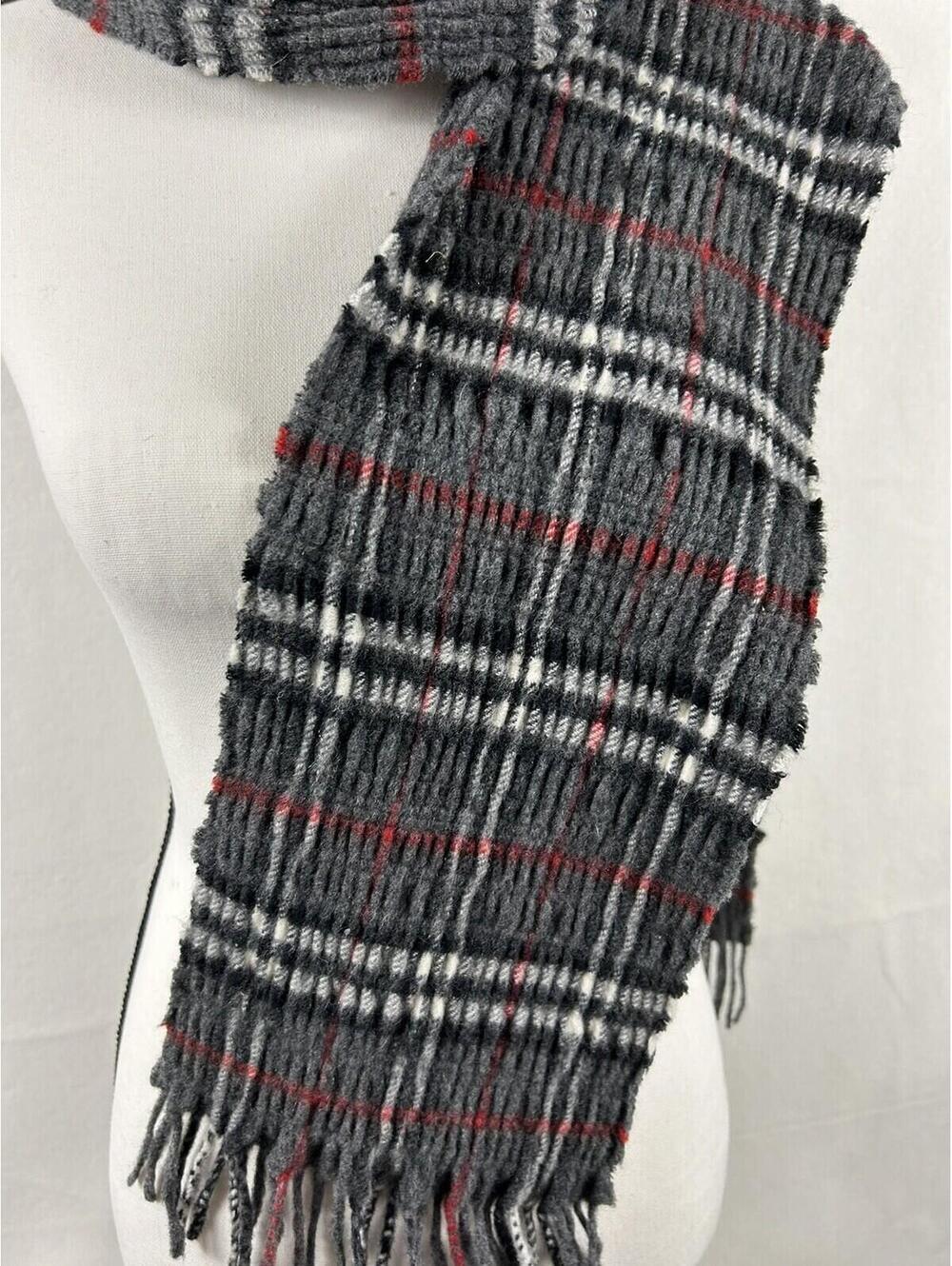 Burberry London Gray Plaid Wool Cashmere Fringe Scarf - Picture 8 of 9